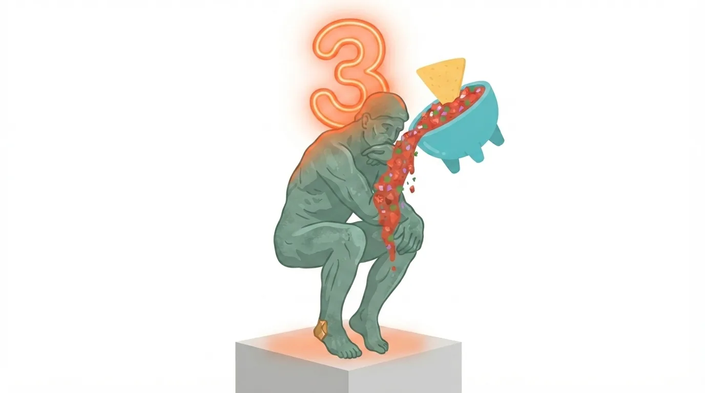 Spicy SALSA splashes onto The Thinker who groans HMM, while balancing a giant glowing numeral THREE on his head.