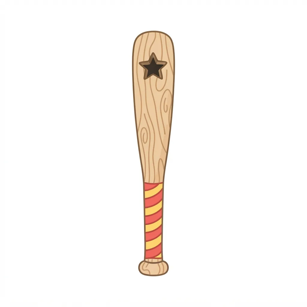A classic ash-wood baseball bat wrapped in distinctive spiral-patterned red-and-yellow grip tape, featuring a deep, star-shaped knothole near its barrel's end.