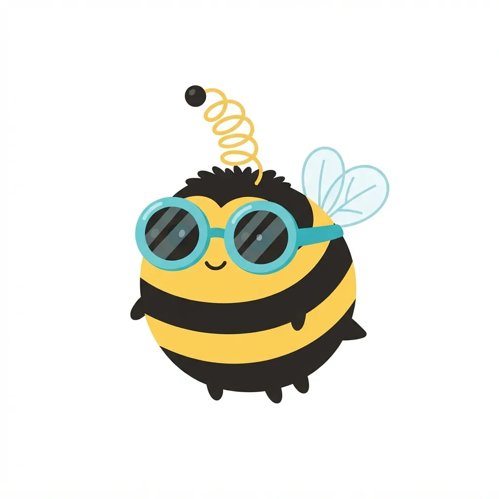 A plump, spherical bumblebee with bold black and canary-yellow stripes, featuring oversized round turquoise goggles and a single, tightly coiled spring-like antenna.