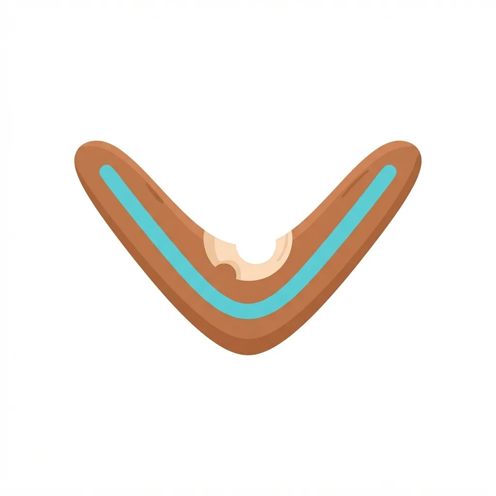 A V-shaped polished mahogany boomerang featuring a bright turquoise hand-painted stripe and a prominent, smooth semicircular chip on its inner curve.