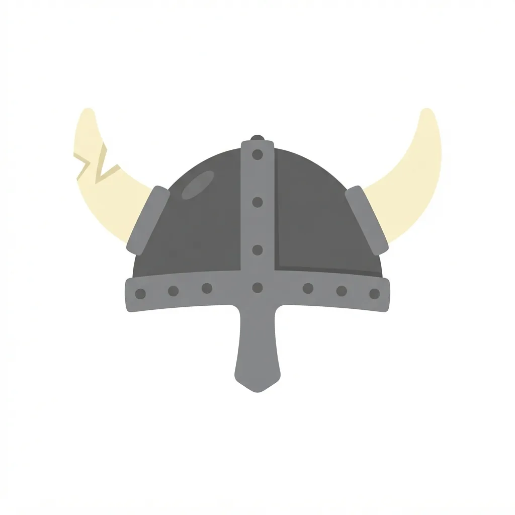 A heavy iron viking helmet with thick ivory horns, distinguished by a deep, clean-cut notch missing from the tip of its left horn.