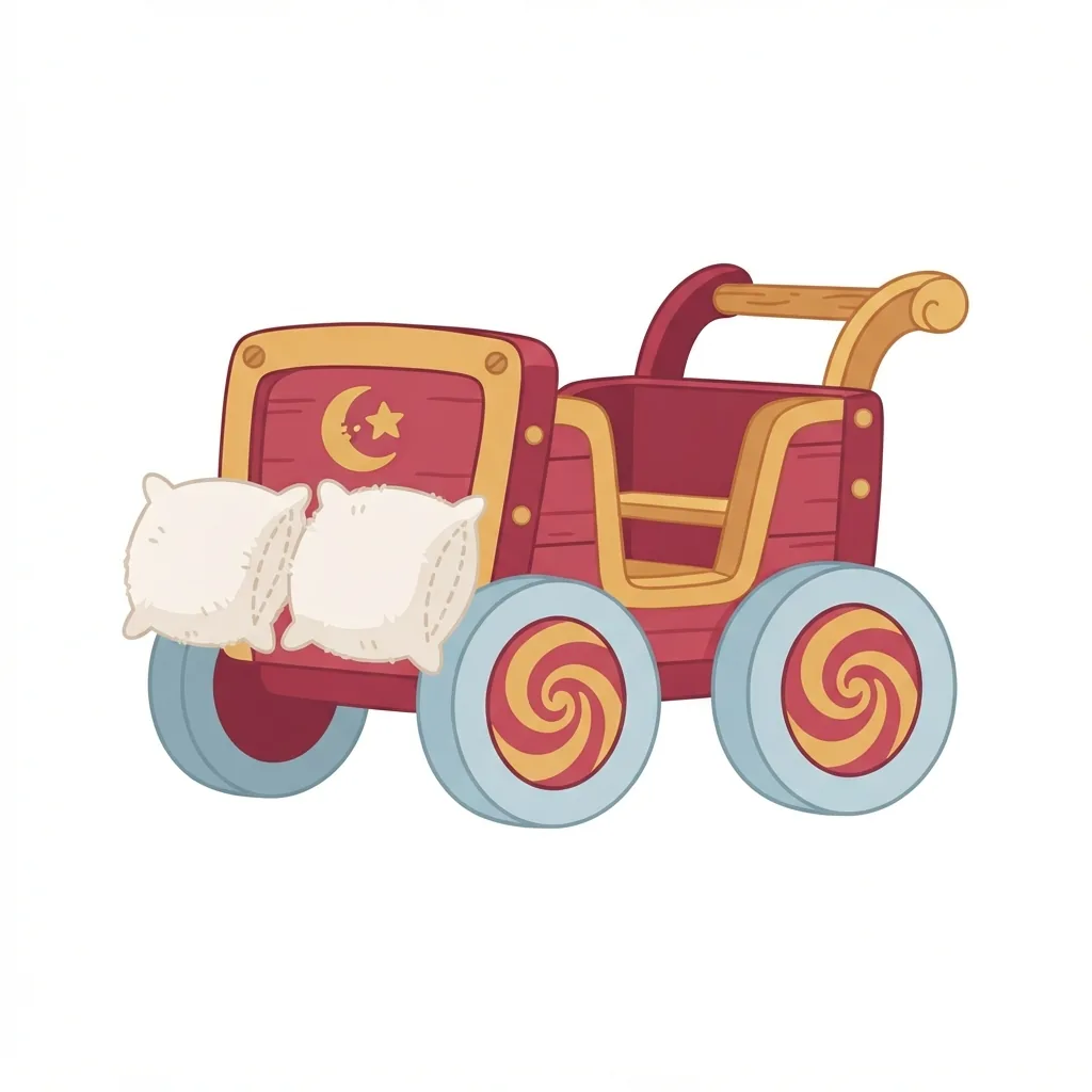 A stout crimson and gold wooden chariot with oversized spiral-spoked wheels and two fluffy, white pillow-shaped bumpers mounted on its front.