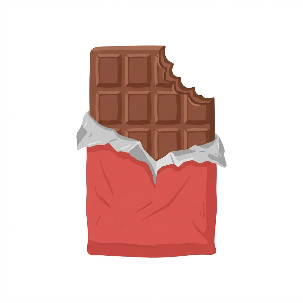 A thick, grid-segmented milk chocolate bar in a torn red paper wrapper with silver foil lining, featuring a jagged, deeply bitten-off top corner.