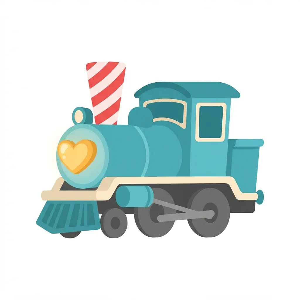 A stubby, turquoise-blue steam locomotive featuring a candy-striped red-and-white chimney and a single, oversized heart-shaped golden headlight.