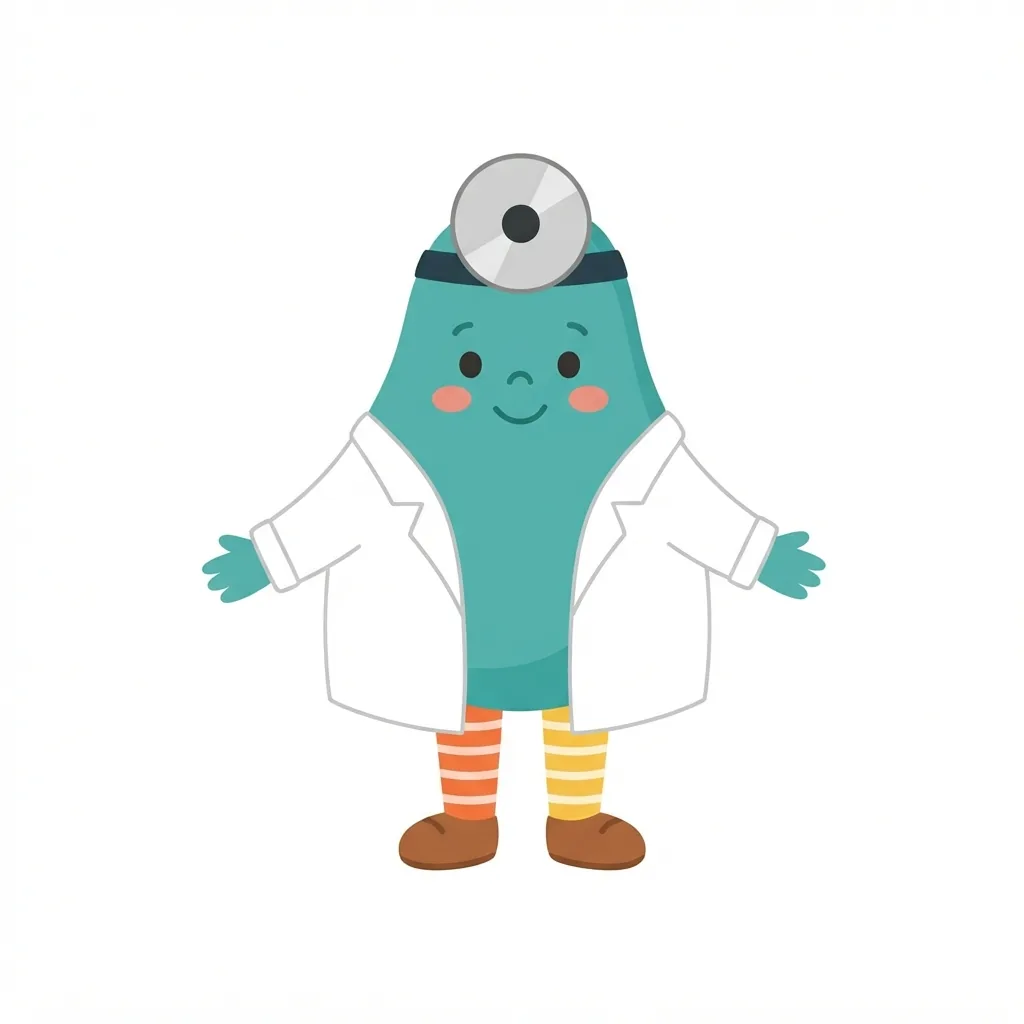 A pear-shaped teal doctor in a white coat, featuring a large silver head-mirror and mismatched orange and yellow striped socks.