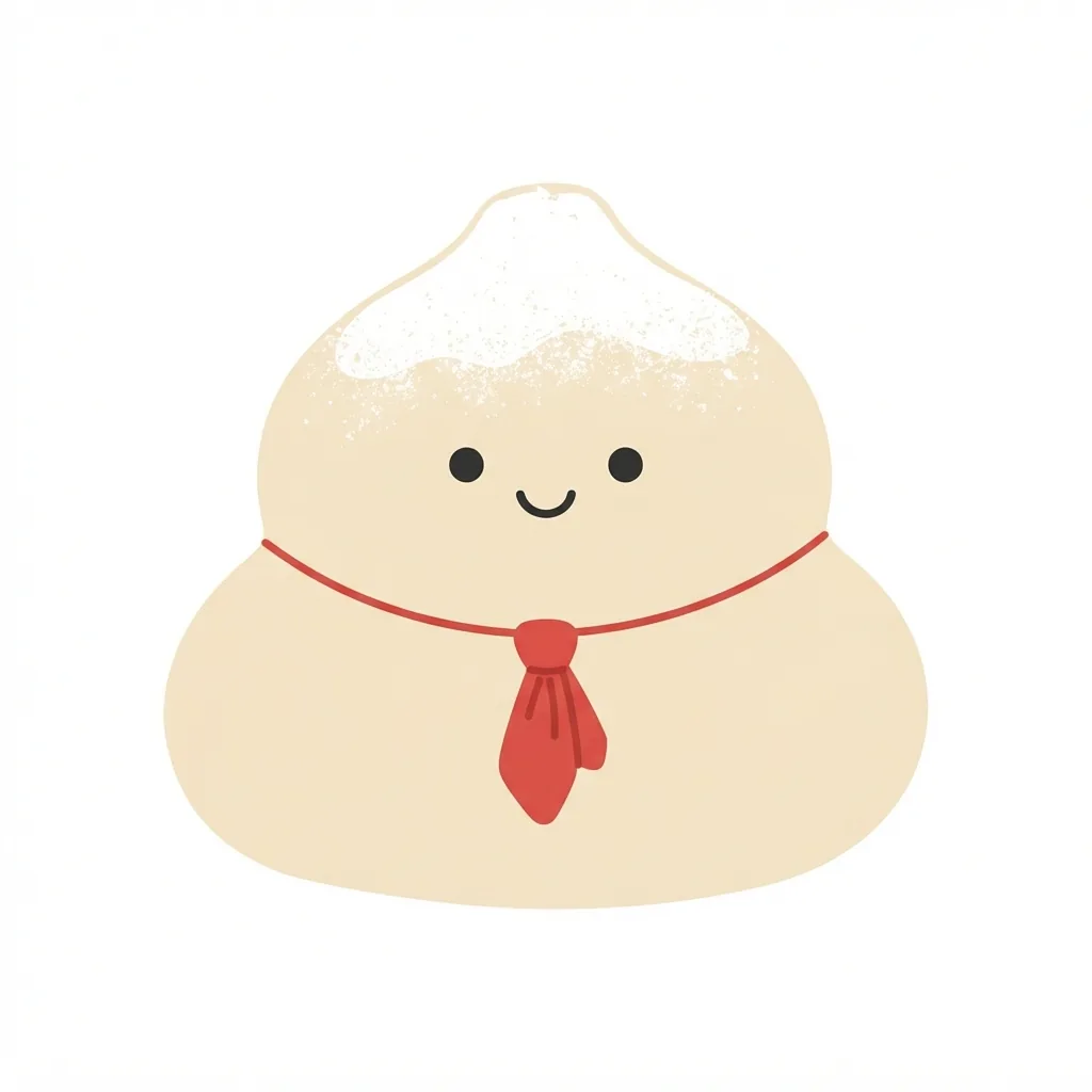 An anthropomorphic, bulbous blob of pale beige bread dough with a permanent dusting of white flour on its head and a red baker's twine necktie.