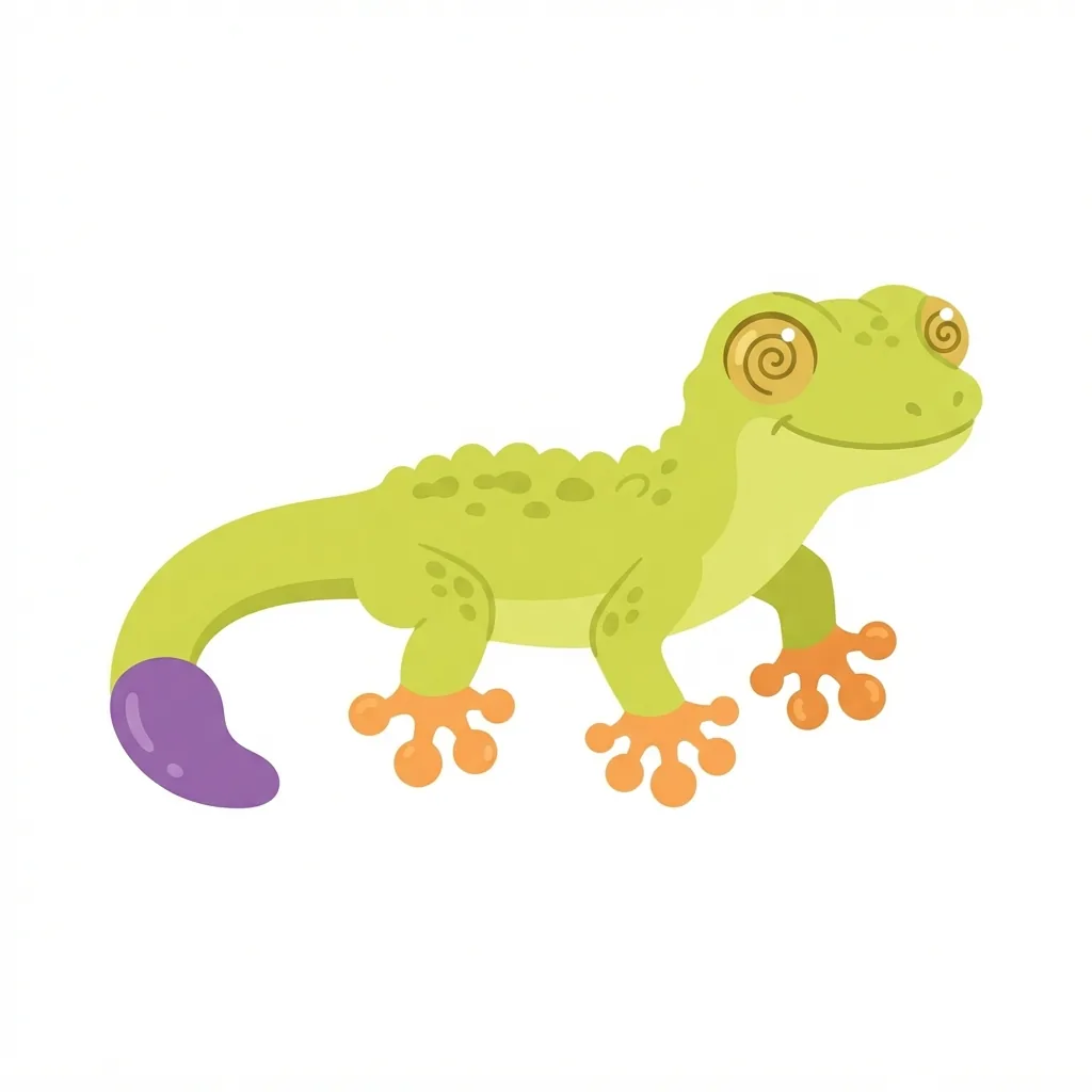 A lime green gecko with bumpy skin, oversized bulbous toes, large golden eyes with spiral pupils, and a tail ending in a distinct grape purple bulb.