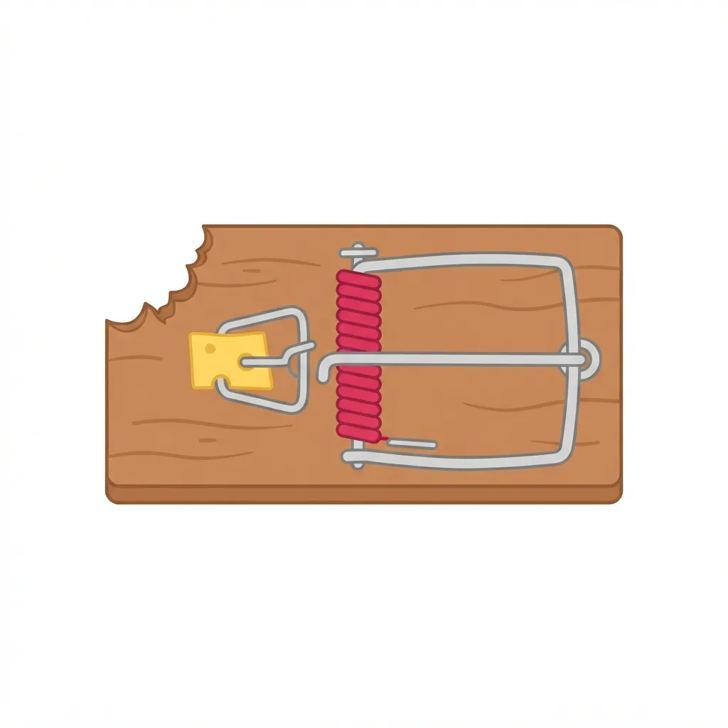 A rectangular wooden mousetrap with a snapped silver wire, a bright crimson spring, and a distinctive, jagged bite mark chipped out of one corner.