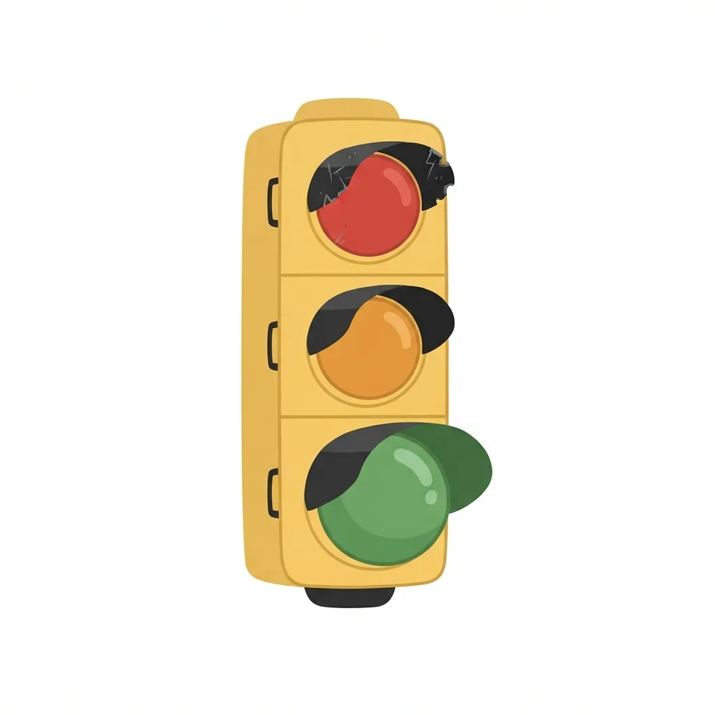 A matte-yellow metal traffic light featuring an oversized, domed green bottom lens and a single, prominently chipped black visor over its top red lens.
