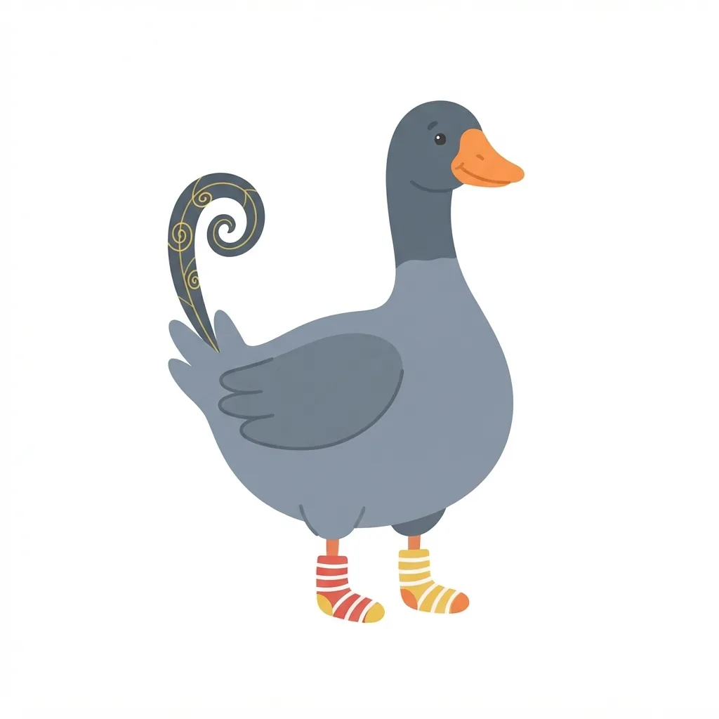 A plump, slate-gray wild goose with a bright orange bill, mismatched red and yellow striped socks, and one distinctively long, spiral-patterned tail feather.