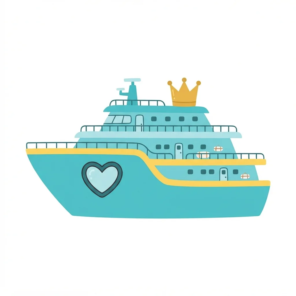 A massive turquoise double-decker yacht with a bright yellow hull stripe, featuring a single oversized heart-shaped porthole and a golden crown-shaped smokestack.
