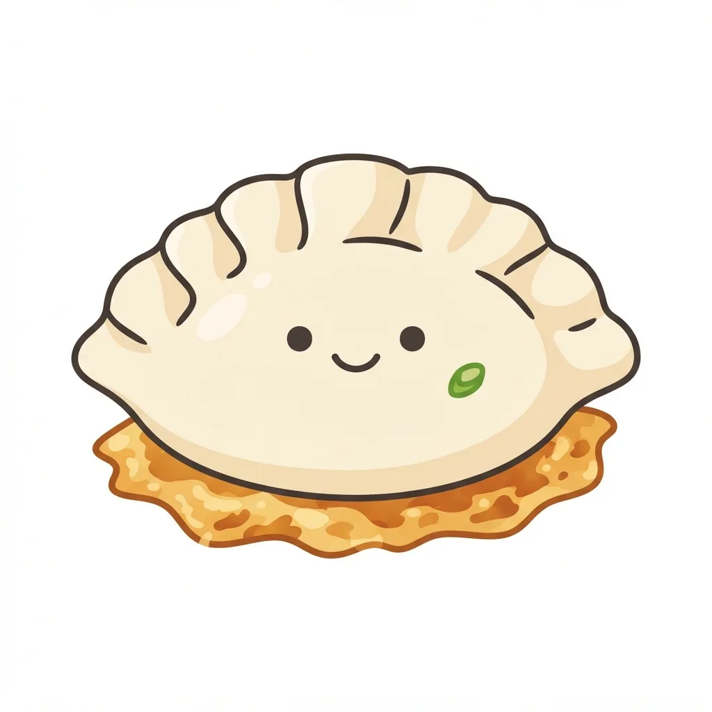 A crescent-shaped cream-colored dumpling character featuring a deeply pleated ridge, a golden-brown crispy bottom skirt, and a single green scallion speck on its cheek.