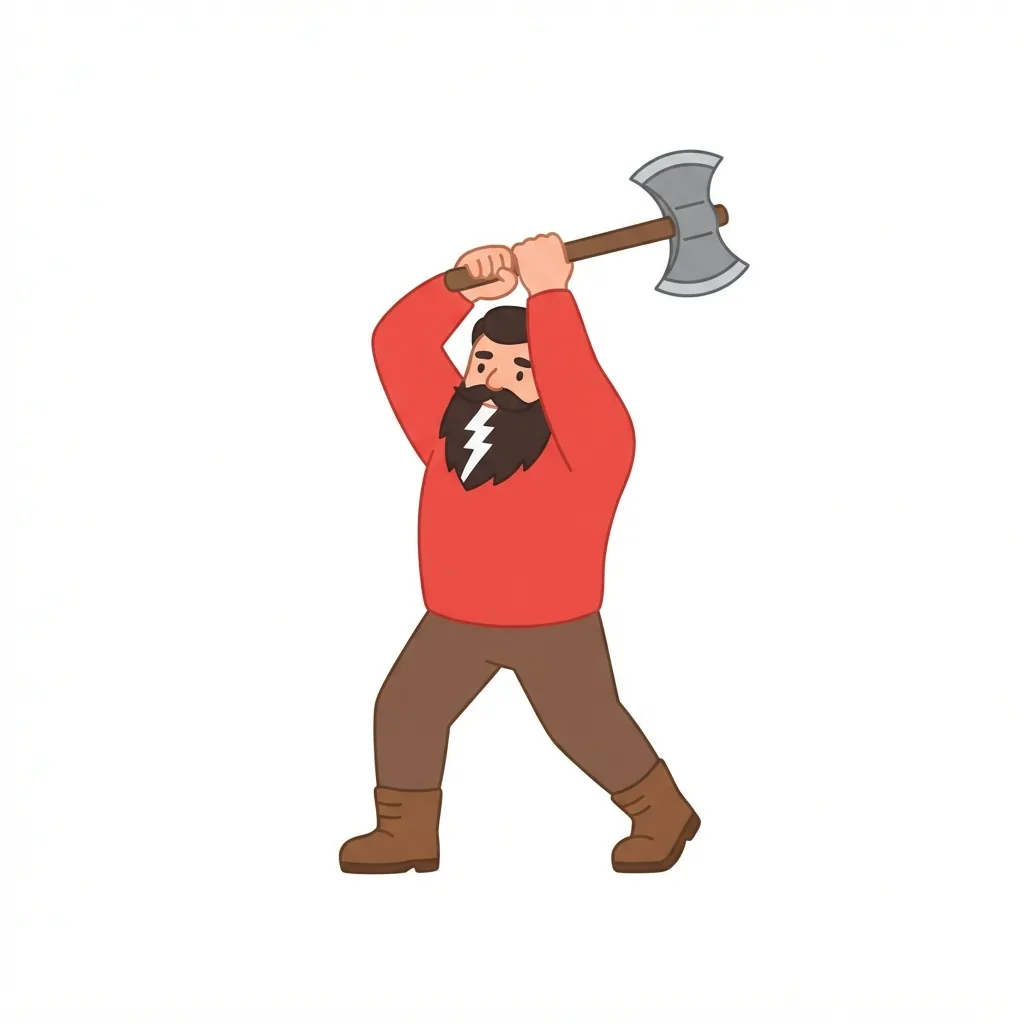 A stocky man in a red shirt frozen mid-swing with a double-bitted axe, distinguished by a jagged white stripe through his dark beard.