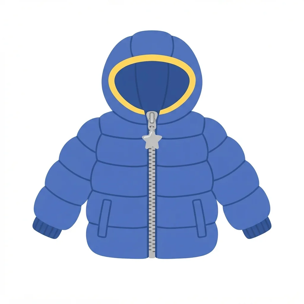 A bulbous, segmented cobalt-blue nylon puffer jacket featuring a bright yellow hood trim and an oversized, dangling zipper pull shaped like a silver star.