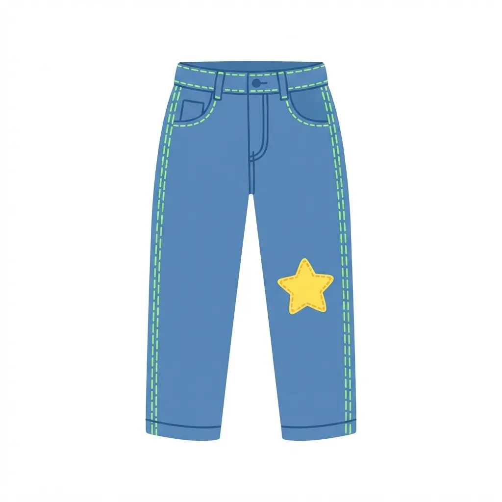 A pair of high-waisted blue denim jeans featuring a bright yellow star patch on the right knee and distinct neon-green double stitching.