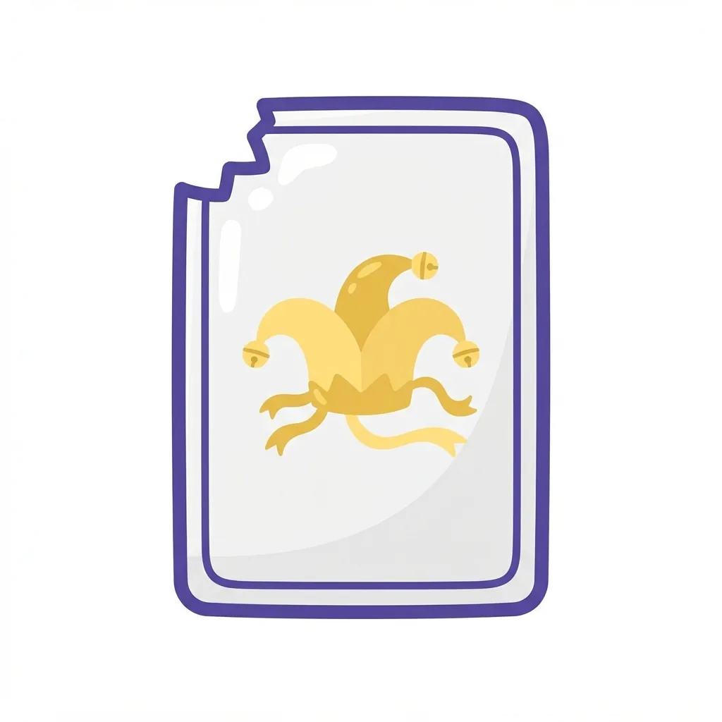 A giant, glossy white playing card with royal purple borders, a jaggedly chipped top corner, and a stylized golden jester-hat emblem in the center.