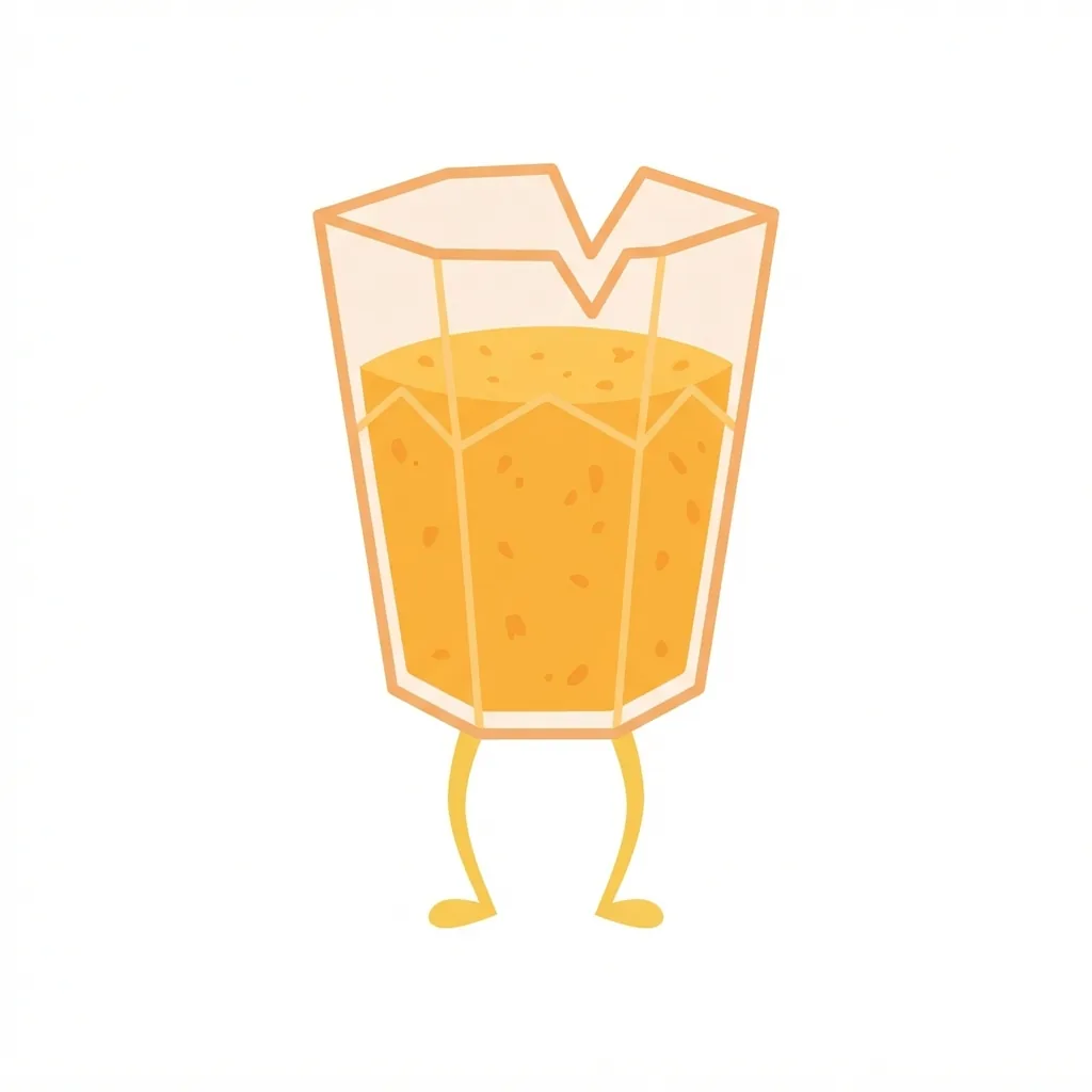A faceted glass of pulp-filled orange juice standing on two spindly yellow legs, with a distinctive V-shaped chip in its rim.