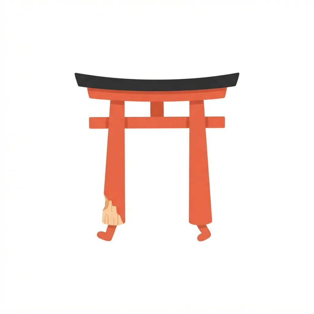 A vermilion wooden torii gate with a black lintel, walking on tiny stubby legs and featuring a chipped corner on its left pillar.