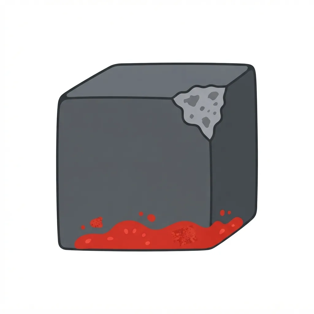 A heavy, dark-grey iron cube featuring a deeply chipped corner and a permanent, vibrant red tomato-pulp stain along its flat bottom edge.