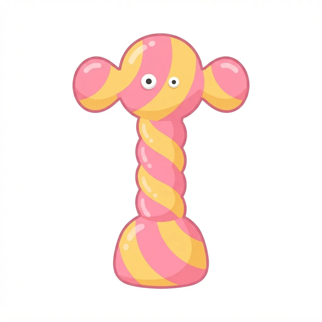 An anthropomorphic, glossy pink-and-yellow striped taffy strand with a permanent dumbbell silhouette, featuring tiny, mismatched sugar-googly eyes on its bulbous top end.