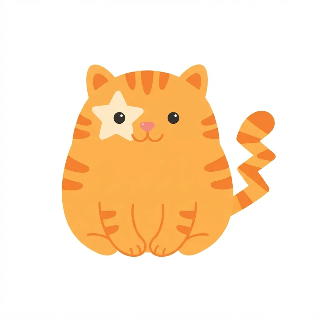 A chubby, bright-orange tabby cat with a round silhouette, featuring a cream star-shaped patch over its left eye and a zig-zag tail.