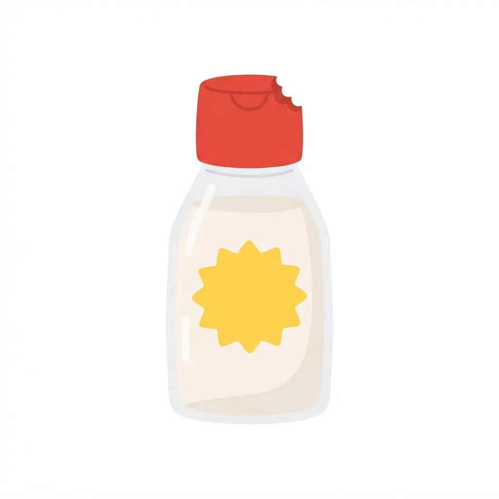 A translucent white plastic squeeze bottle with a bright yellow starburst label and a distinctive, oversized red flip-top cap chipped on one side.