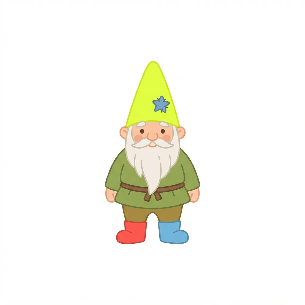 A tiny ceramic garden gnome featuring an oversized, neon-yellow conical hat with a patched blue star, a split white beard, and mismatched boots.