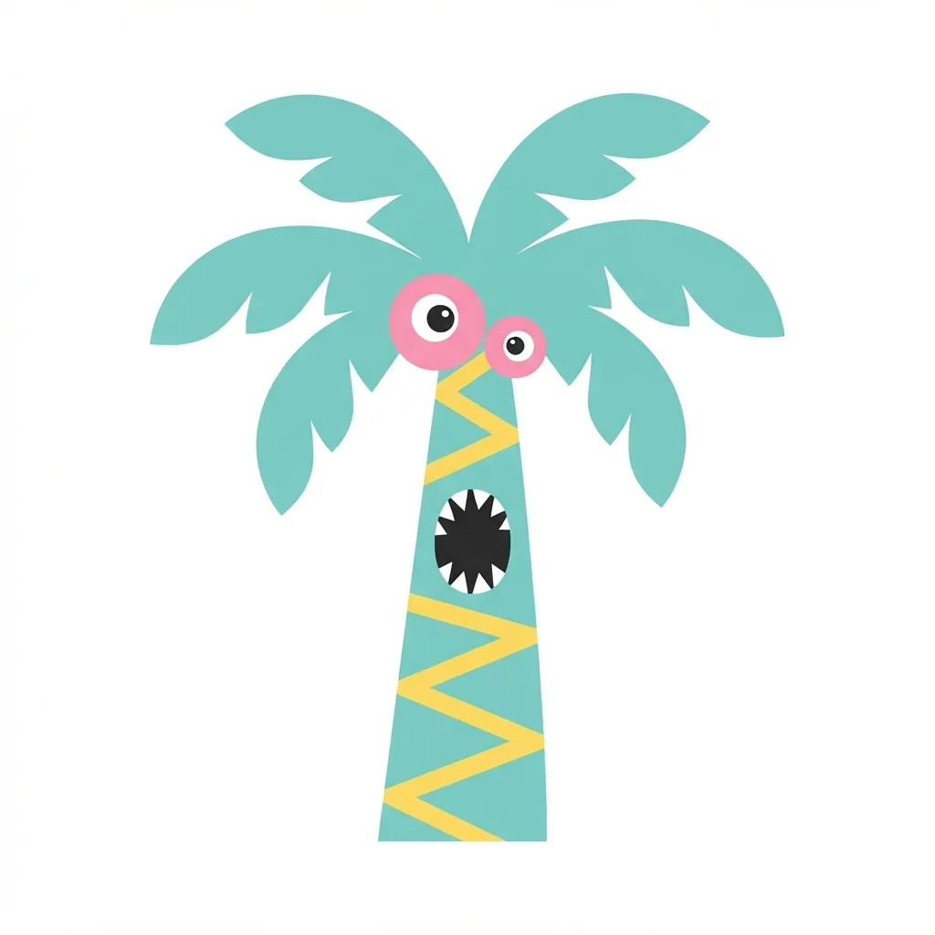A bright teal palm tree with a zigzag yellow trunk, a large toothy knothole, and two mismatched pink coconut eyes hanging under its fronds.