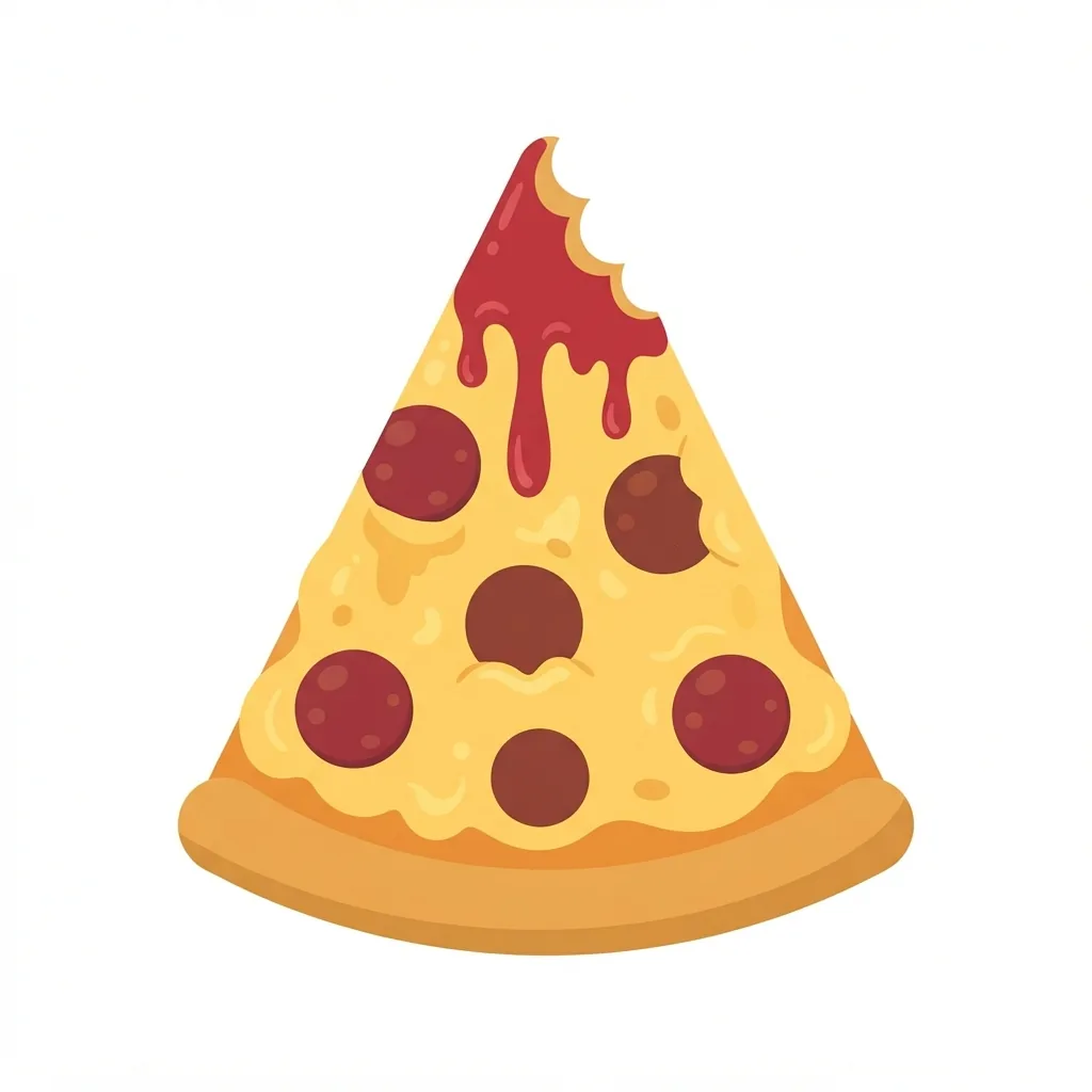 A giant, triangular pepperoni pizza slice with a golden-brown crust, bubbly yellow cheese, a distinctive jagged bite mark, and thick, stylized crimson sauce drips.