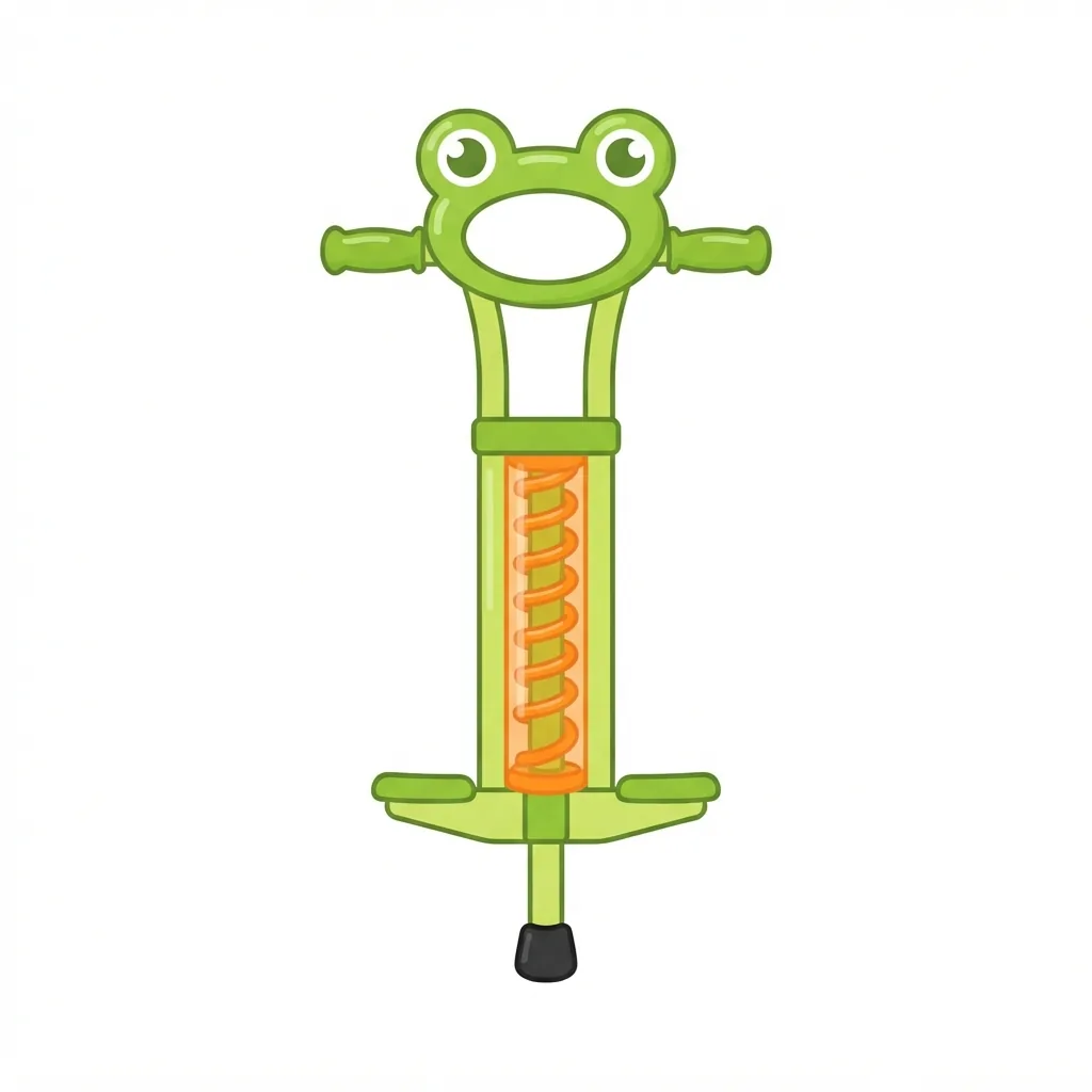 A lime-green metal pogo stick featuring a bright orange spiral spring and distinctive handlebars shaped like large, glossy, bulbous frog eyes.