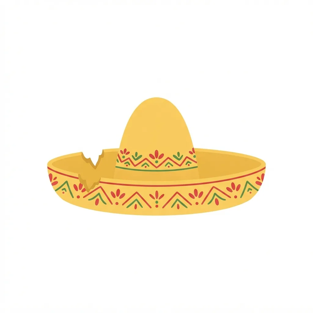 An oversized yellow straw sombrero featuring a festive red-and-green embroidered brim with a single, deep V-shaped chip missing from its left edge.