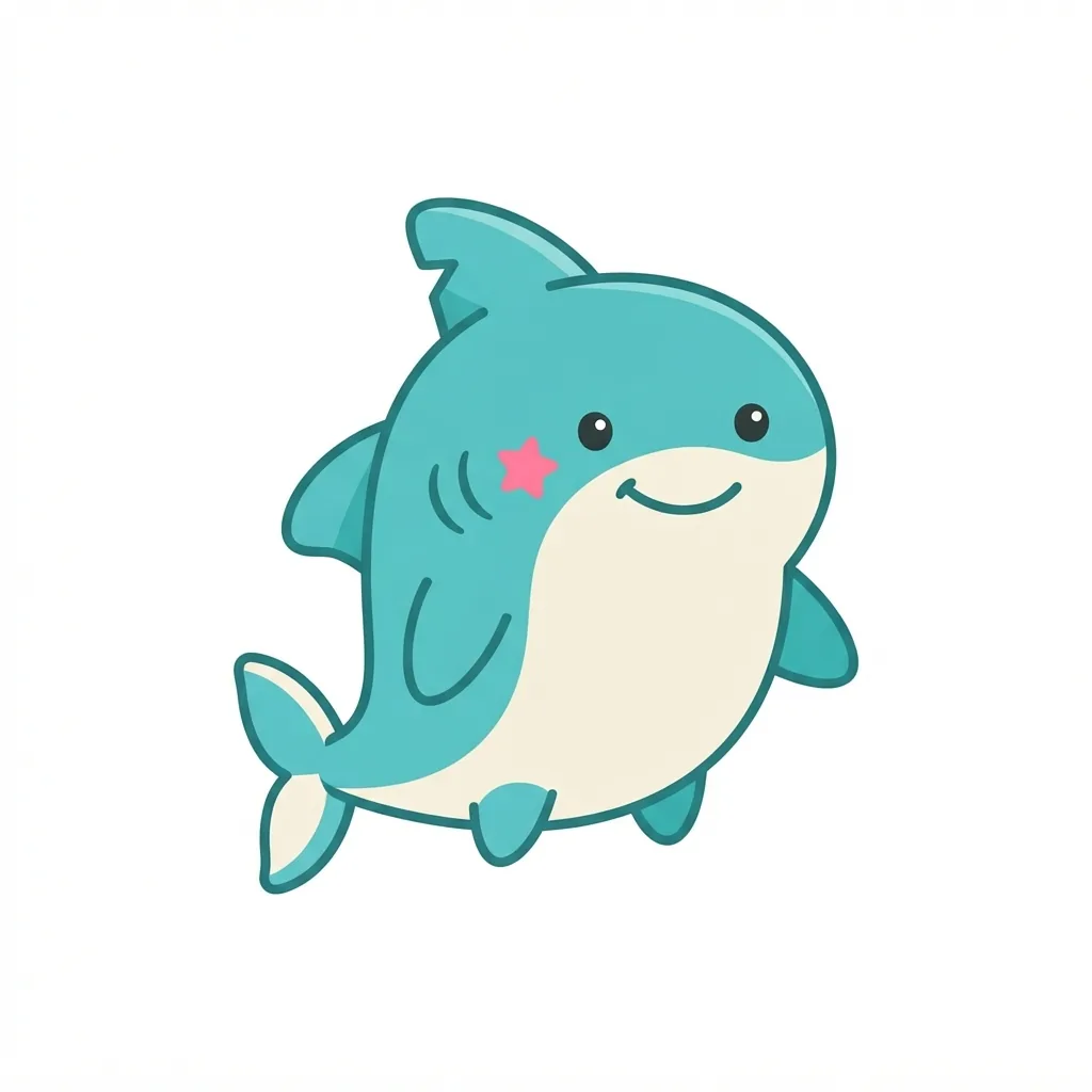 A chubby turquoise shark with a cream belly, a uniquely crooked dorsal fin, and a bright pink star patch on its left cheek.