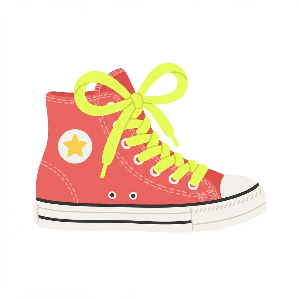 A chunky red canvas high-top sneaker with a thick white sole, giant neon-yellow laces tied in oversized loops, and a yellow star ankle patch.