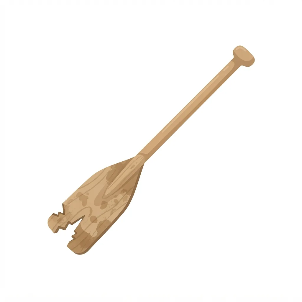 A weathered ash-wood rowing oar featuring a wide, water-stained blade with a deep, V-shaped notch chipped out of its left corner.