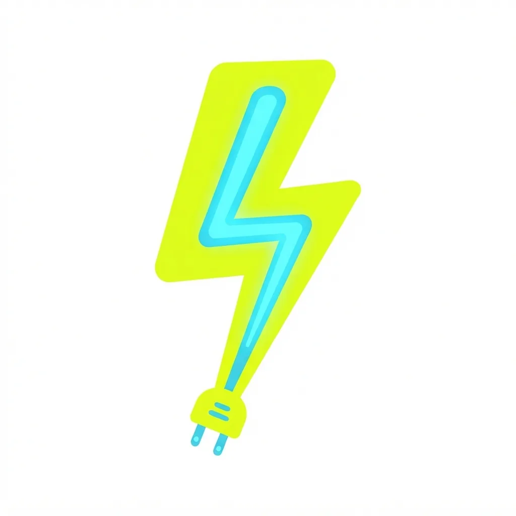 A vibrant neon-yellow, three-segmented jagged lightning bolt featuring a glowing cyan-blue core and a lower tip shaped like a two-pronged electrical plug.