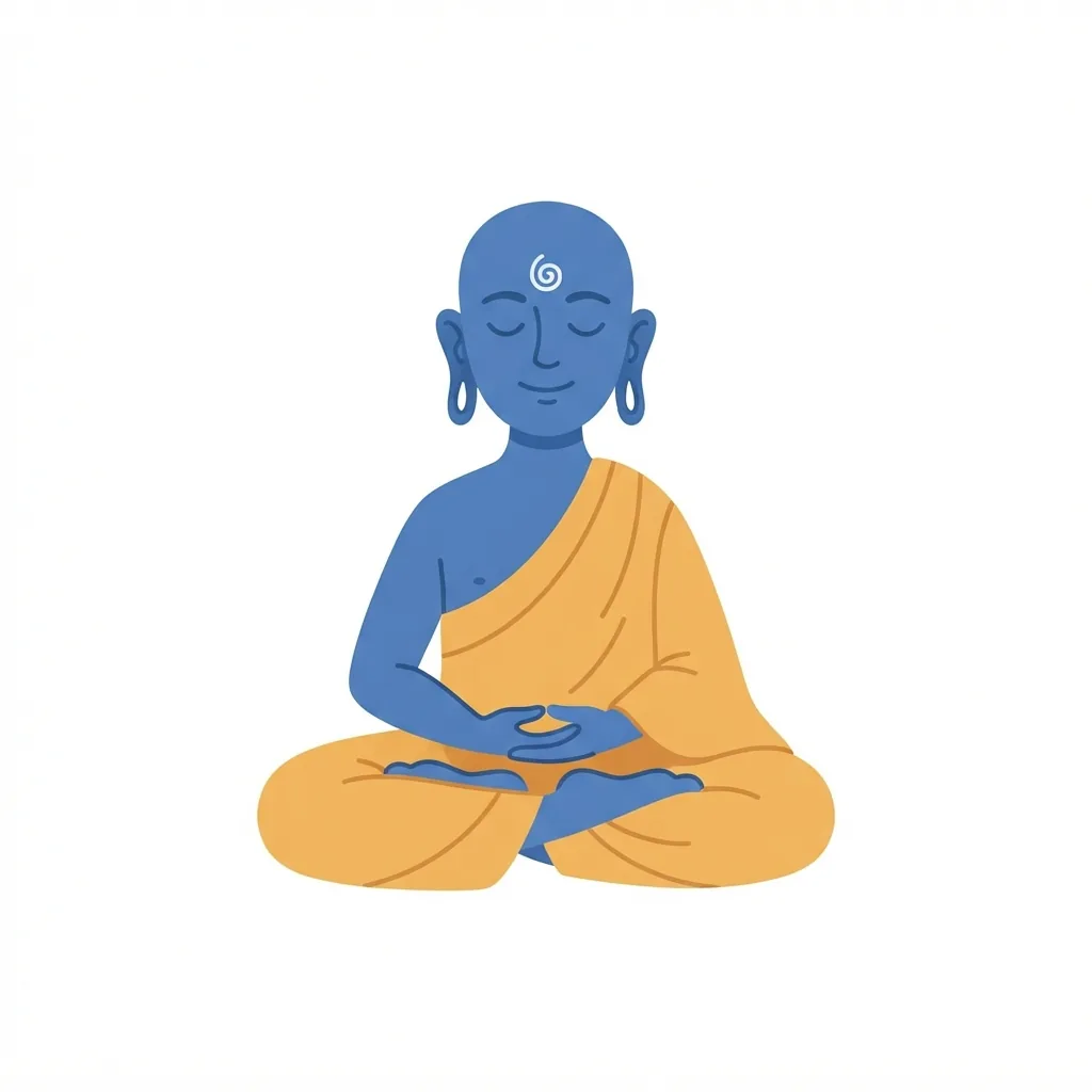 A bald, blue-skinned man sitting cross-legged in a saffron-colored robe, forming a triangular silhouette with elongated earlobes and a white spiral forehead birthmark.