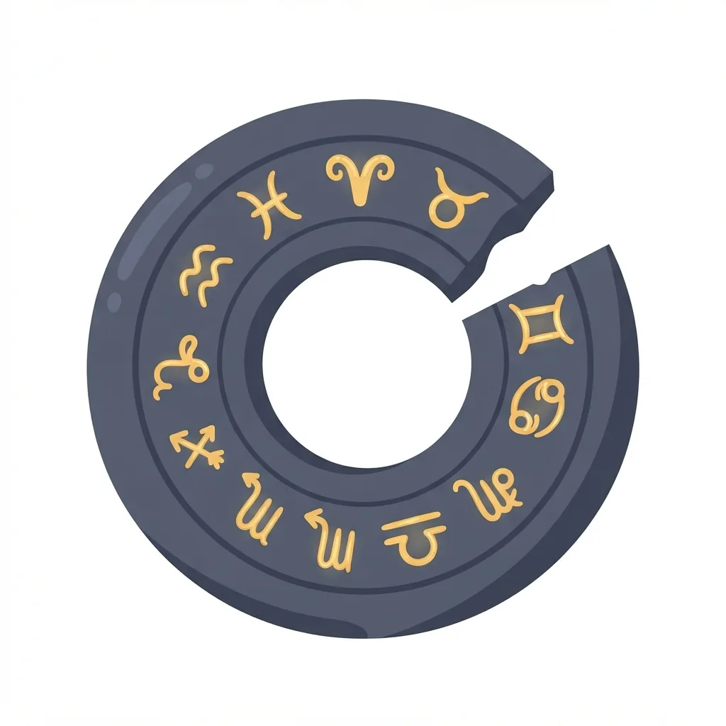 A heavy, dark-slate stone wheel engraved with glowing gold zodiac symbols, featuring a distinctive, deep wedge-shaped notch missing from its rim.
